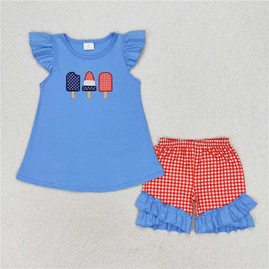 GSSO0860 Embroidered popsicle blue flying sleeves red plaid shorts suit