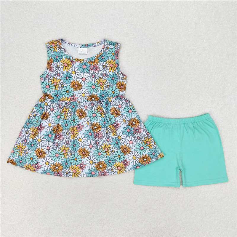 GSSO1271 Flower sleeveless blue-green shorts set