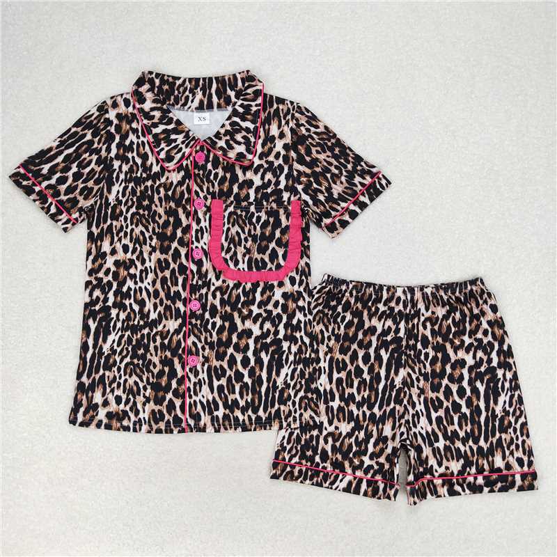 4.10  GSSO1122 Adult female leopard print rose red lace short-sleeved shorts pajamas set
