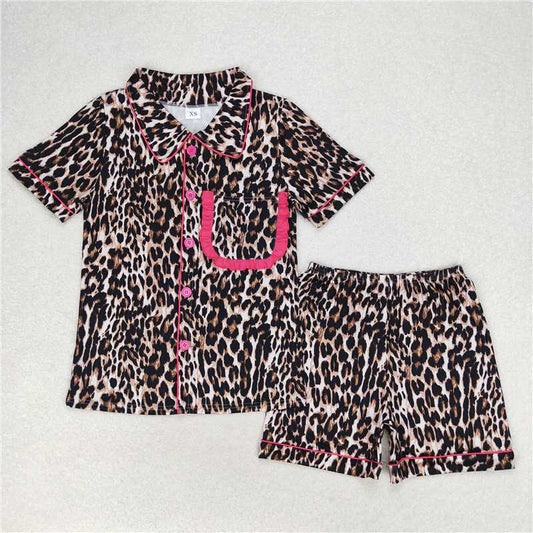 4.10  GSSO1122 Adult female leopard print rose red lace short-sleeved shorts pajamas set