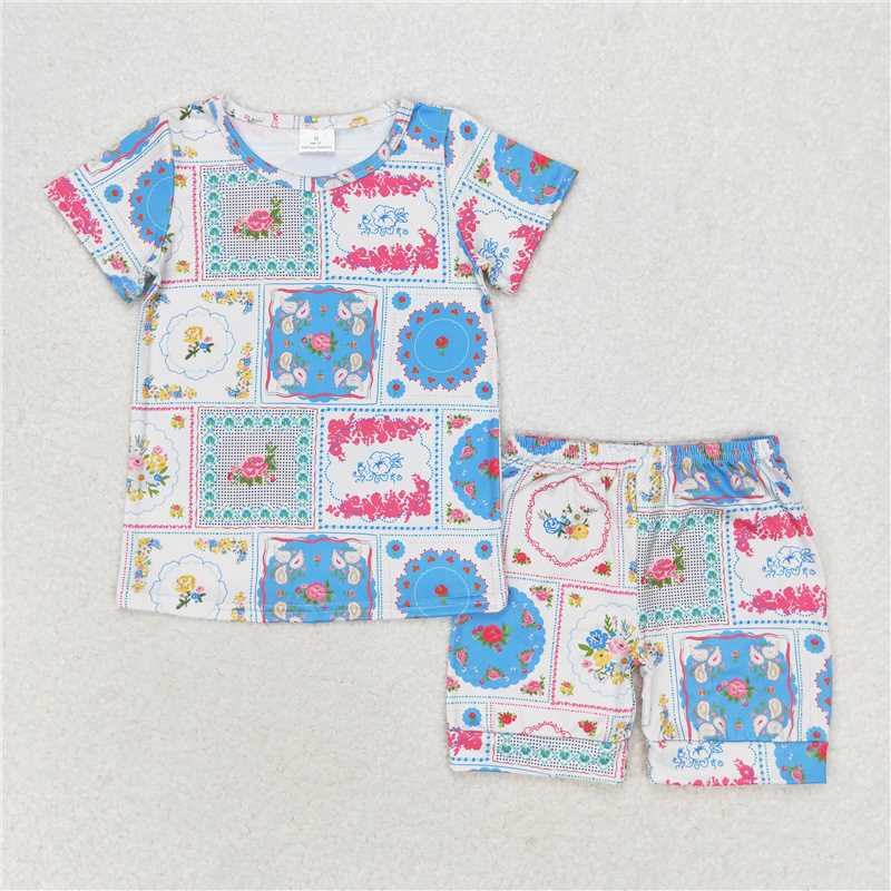 GSSO1271 Flower sleeveless blue-green shorts set