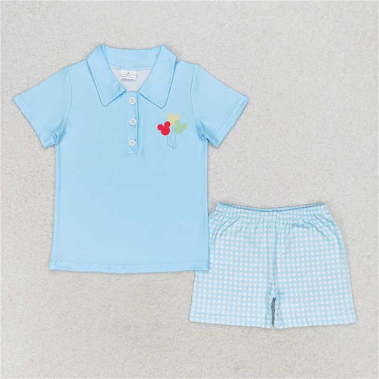 BSSO0683 Mickey Balloon Blue Short Sleeve Plaid Shorts Set