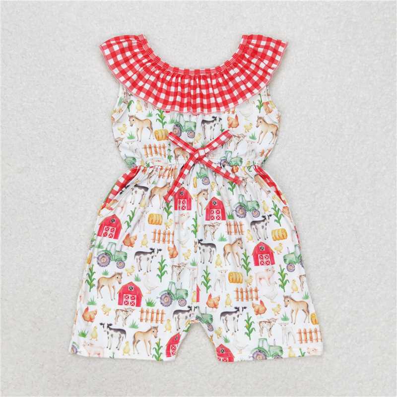 SR1301 Farm Animals Red House Red Plaid Sleeveless Bodysuit