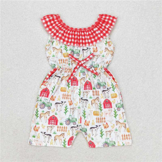 SR1301 Farm Animals Red House Red Plaid Sleeveless Bodysuit