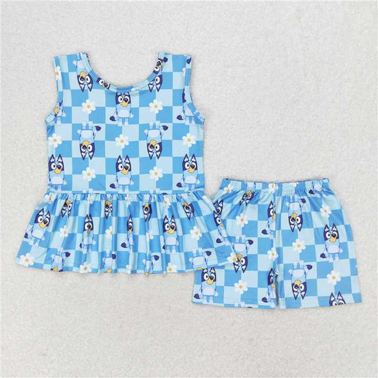 GSSO1248 bluey floral blue plaid sleeveless shorts set