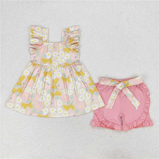 GSSO1254 Flower brown and yellow flying sleeves pink lace shorts set