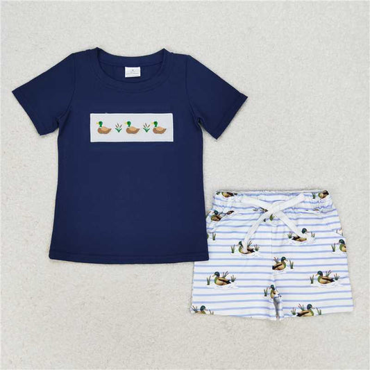 BSSO0884 Embroidered three ducks navy blue short-sleeved striped shorts suit