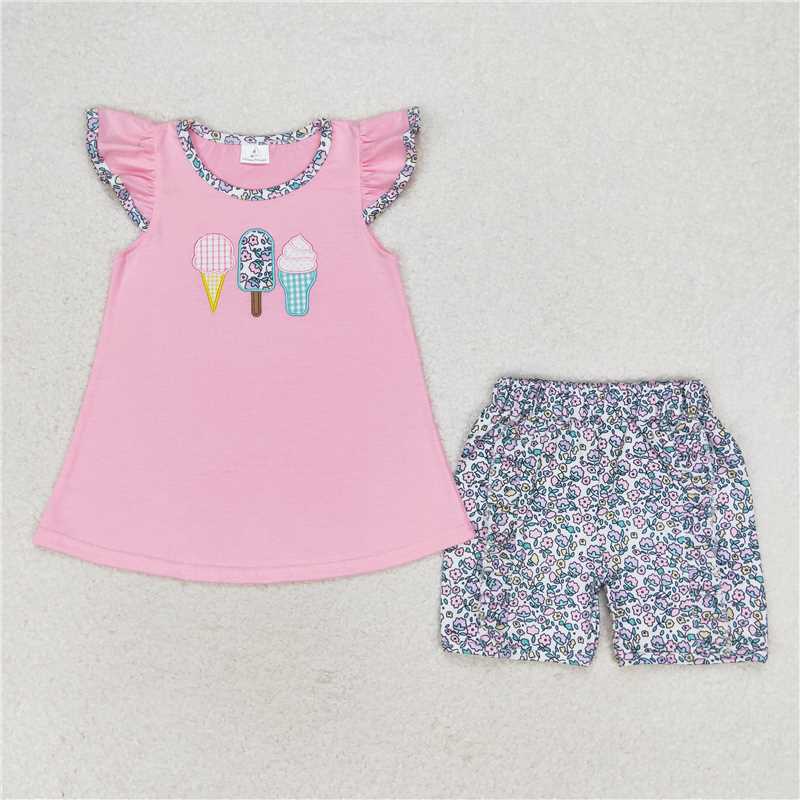 GSSO1193 Embroidered ice cream flower popsicle pink flying sleeve shorts set