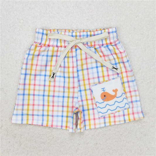 4.28 S0400 Whale blue and yellow plaid swimming trunks