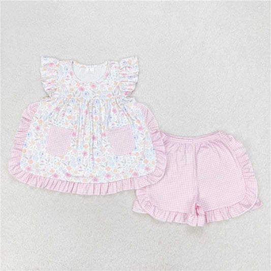 GSSO1057 Floral pink plaid pocket flying sleeve shorts set