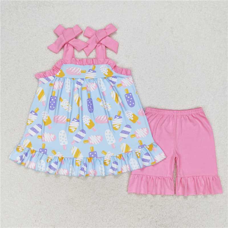 GSSO1037 Ice cream blue suspenders and pink shorts set