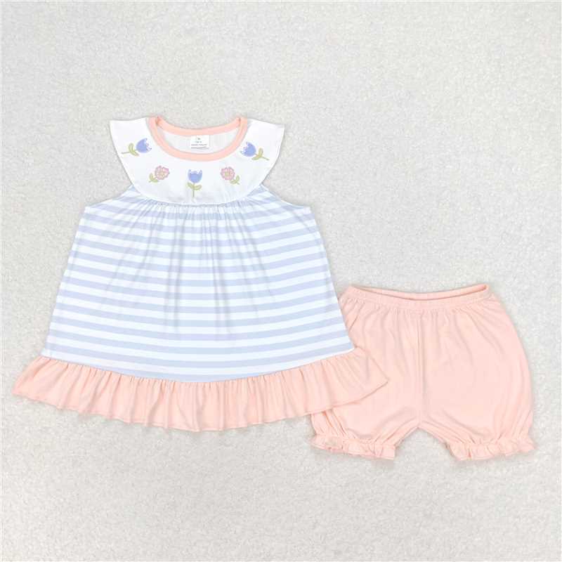 GSSO1101 Flower blue and white striped sleeveless shorts set