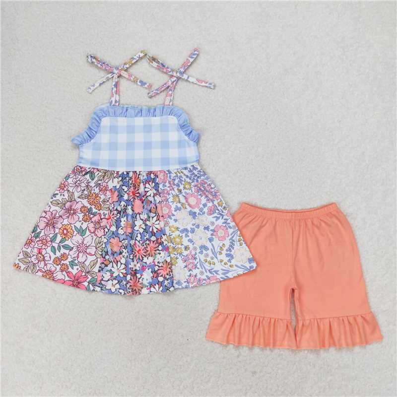 GSSO0990 Flower plaid lace suspenders orange shorts set