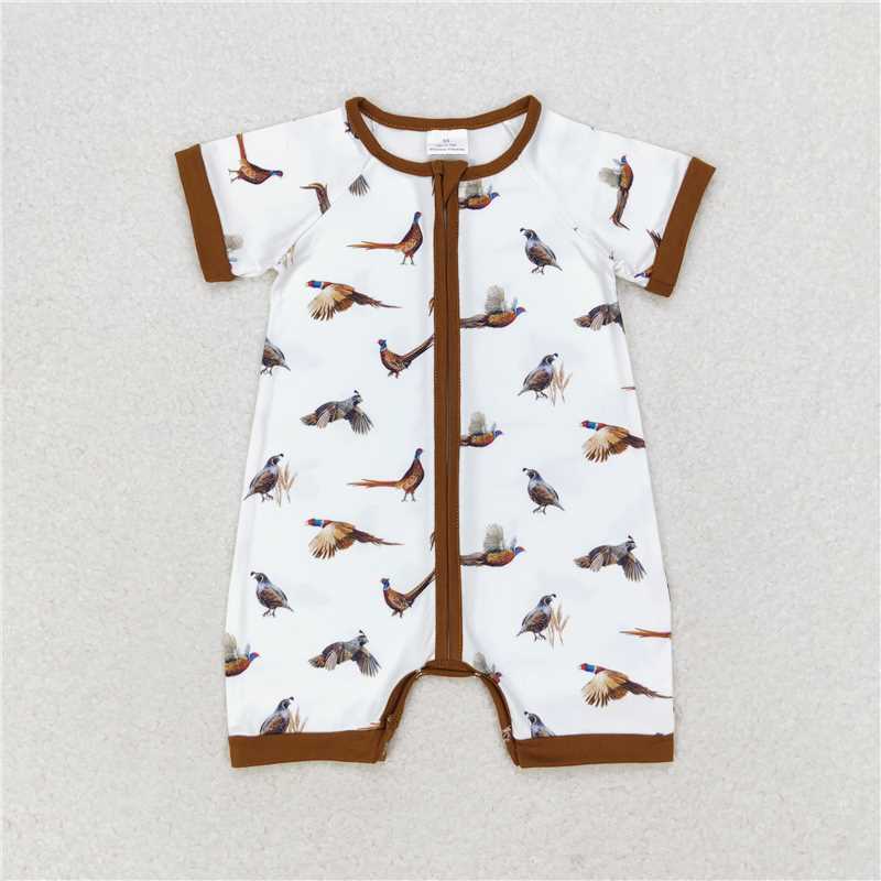 SR1657 Bird brown and white zipper short-sleeved jumpsuit