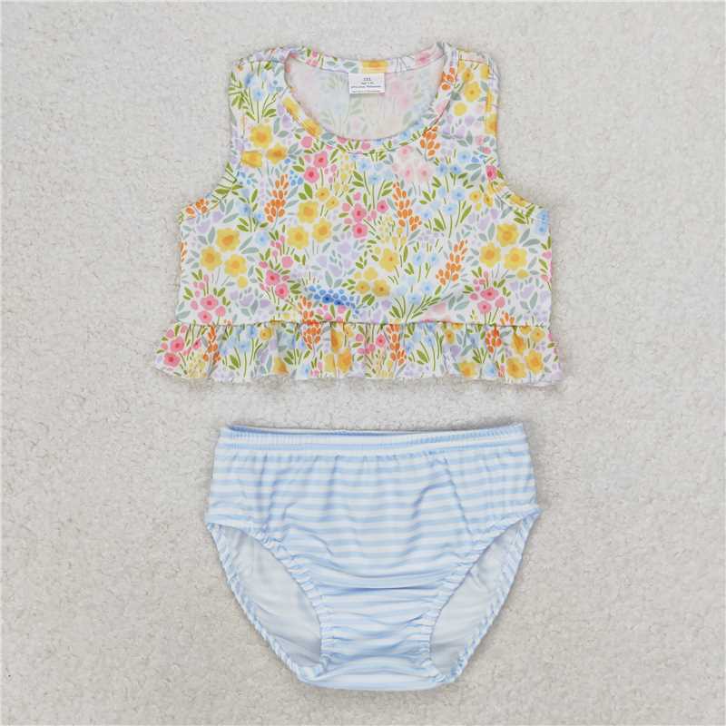 S0414 Flower floral blue striped swimsuit set