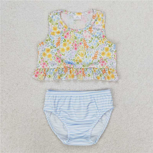 S0414 Flower floral blue striped swimsuit set