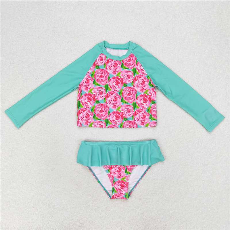 S0260 Flower turquoise lace long-sleeved swimsuit set