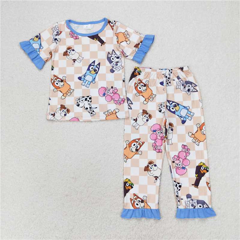 GSPO1581 bluey plaid blue lace short-sleeved trousers pajamas set