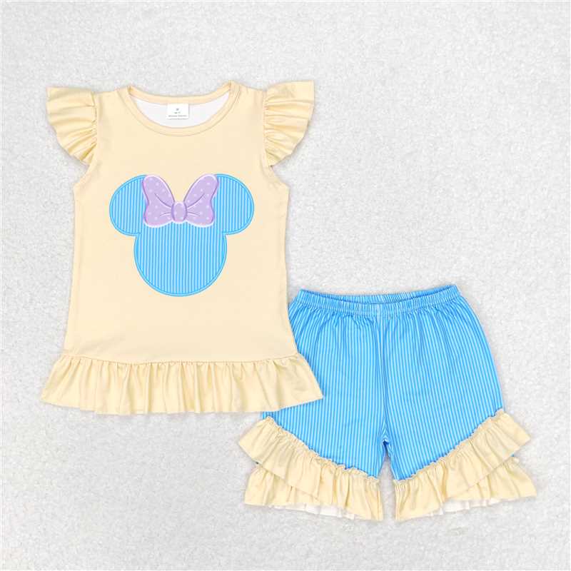 GSSO1159 Bow knot Minnie Mickey yellow flying sleeves blue striped shorts suit