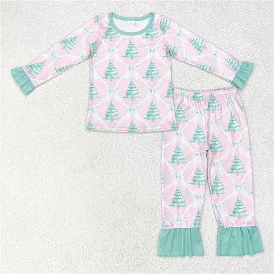 GLP1242 Modal Christmas tree bow green lace pink long-sleeved trousers pajamas set