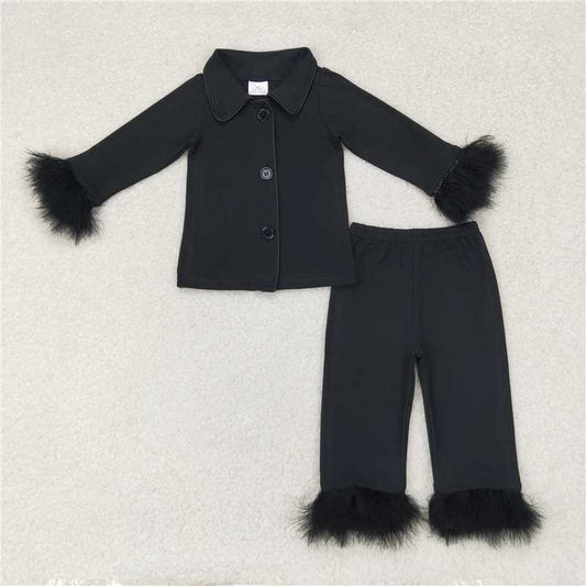 GLP1260 Plush-trimmed black long-sleeved long-pants pajama set