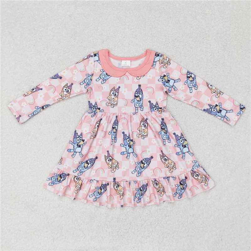 GLD0577 bluey rainbow flower plaid pink doll collar long-sleeved dress