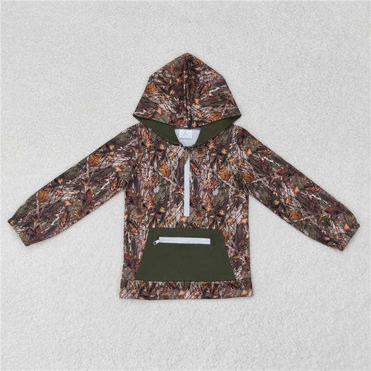 BT0756 Leaf and branch camouflage zipper pocket hooded long-sleeved top