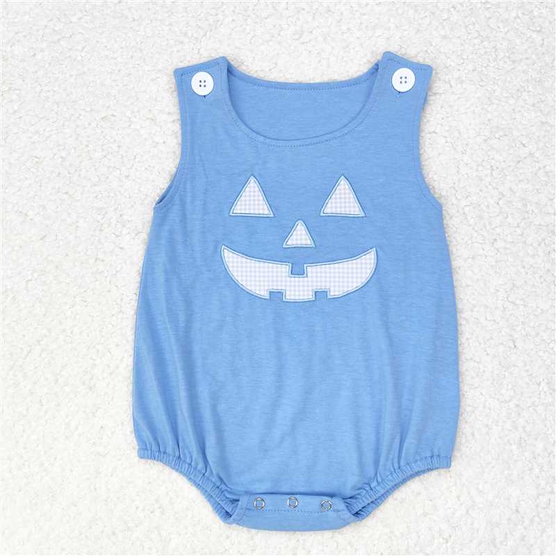 SR1926 Embroidered Halloween smiley face blue vest jumpsuit