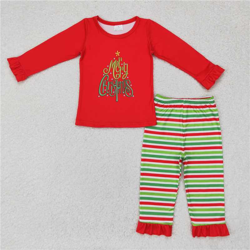 GLP1282 merry christmas lace long sleeve red and green striped trousers pajamas set