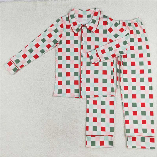 4.9  GLP1353 Adult female Christmas colorful plaid long-sleeved trousers pajamas set