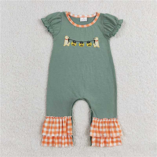 SR1794 Embroidered Halloween Jack-O'-Lantern Puppy Orange Plaid Teal Short Sleeve Bodysuit