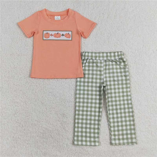 BSPO0451 Embroidered pumpkin leaves pink and orange short-sleeved green plaid trousers suit