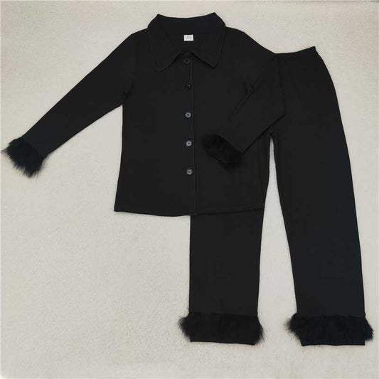 4.9 GLP1264 Adult female black long-sleeved trousers pajamas set with plush edges
