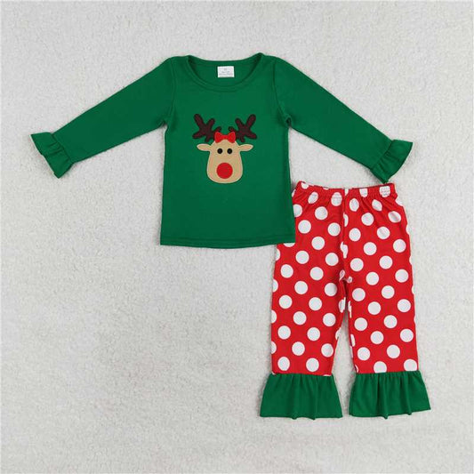 GLP1301 Embroidered reindeer green lace long sleeve red striped trousers pajama set