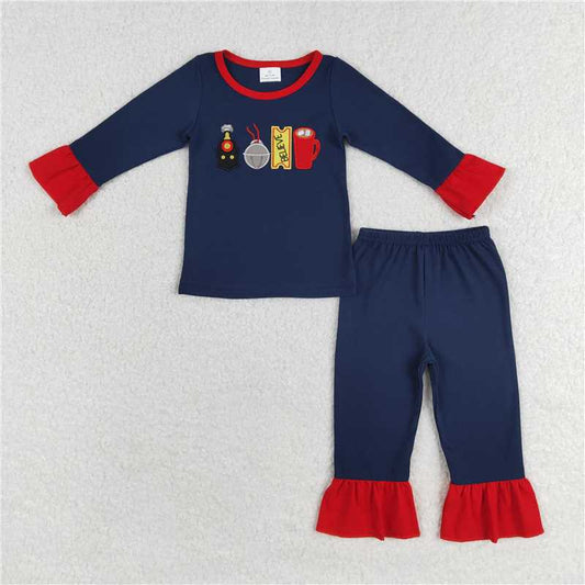 GLP1281 believe embroidered bell lace navy blue long-sleeved trousers pajamas set