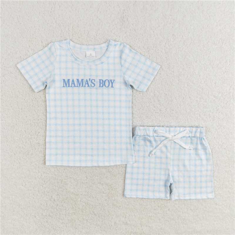 BSSO0912 mama's boy embroidered plaid blue and white short-sleeved shorts suit