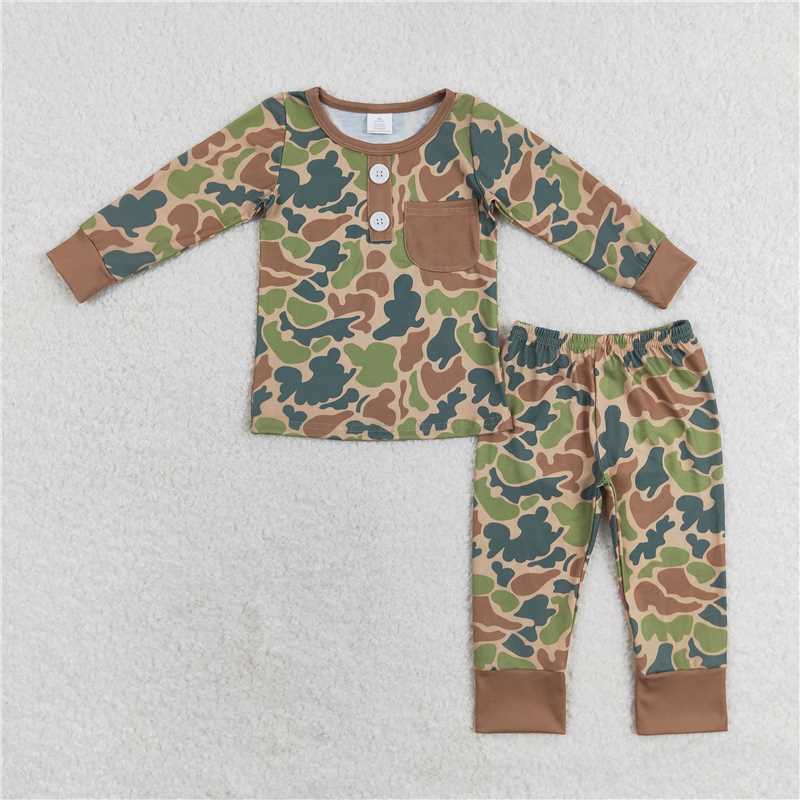 BLP0580 Modal brown green camouflage pocket long sleeve long pants pajama set