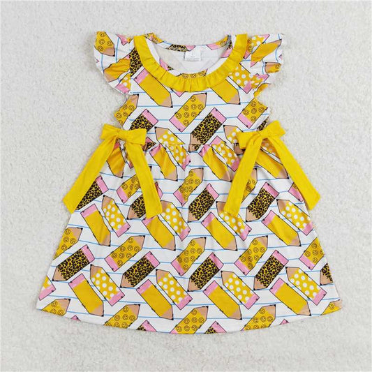 GSD1038 Leopard print polka dot pencil yellow lace bow flying sleeve dress