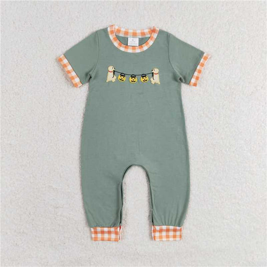 SR1793 Embroidered Halloween Jack-O'-Lantern Puppy Orange Plaid Teal Short-Sleeved Bodysuit