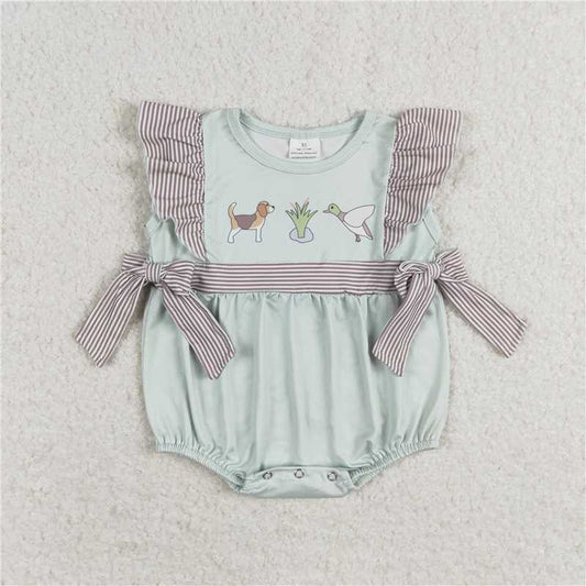 SR1790 Puppy duck striped bow turquoise vest bodysuit