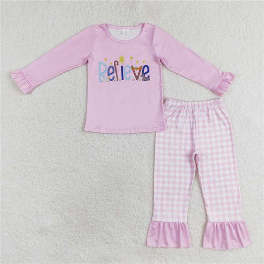 GLP1300 believe star pink long-sleeved plaid trousers pajamas set