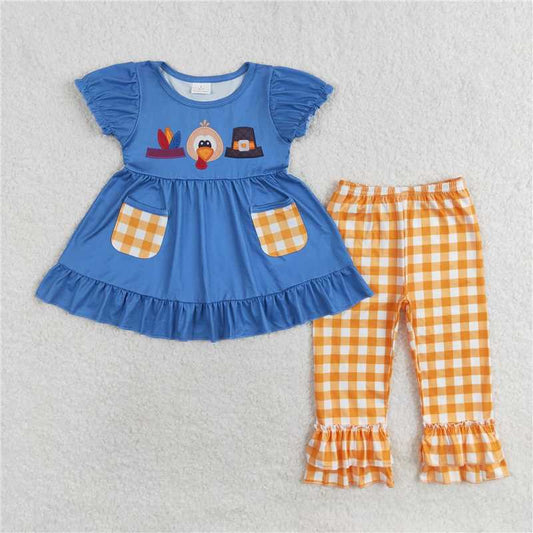 GSPO1643 Turkey hat pocket blue short sleeve yellow plaid trousers suit