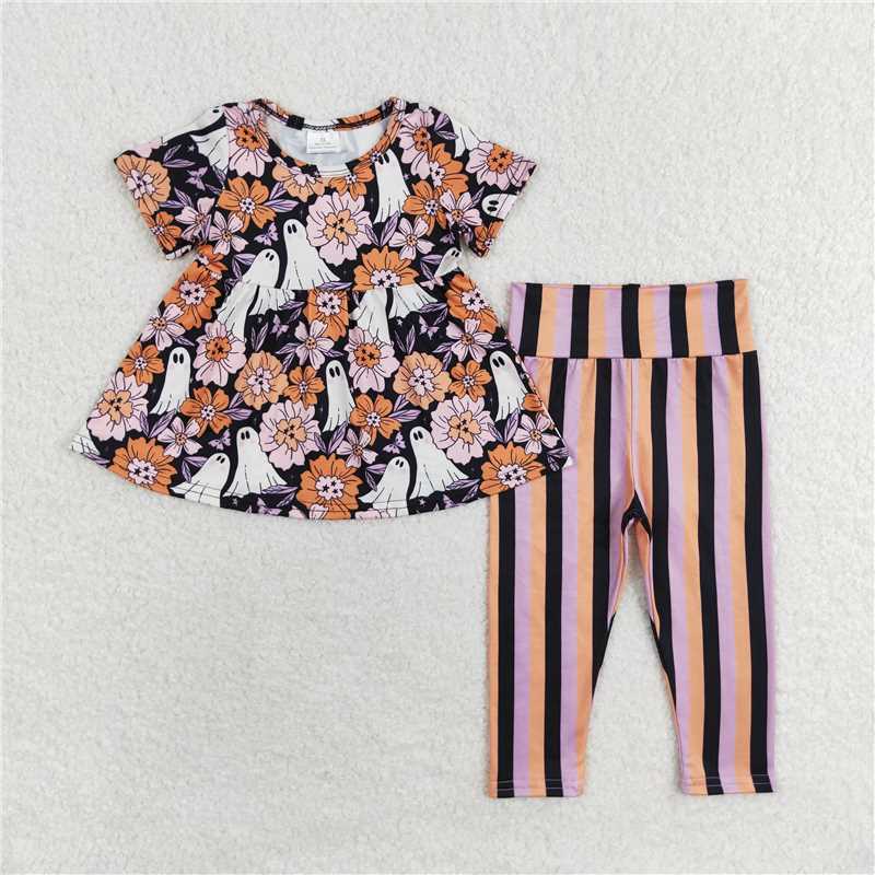 GSPO1617 Flower ghost short-sleeved purple orange black striped trousers suit