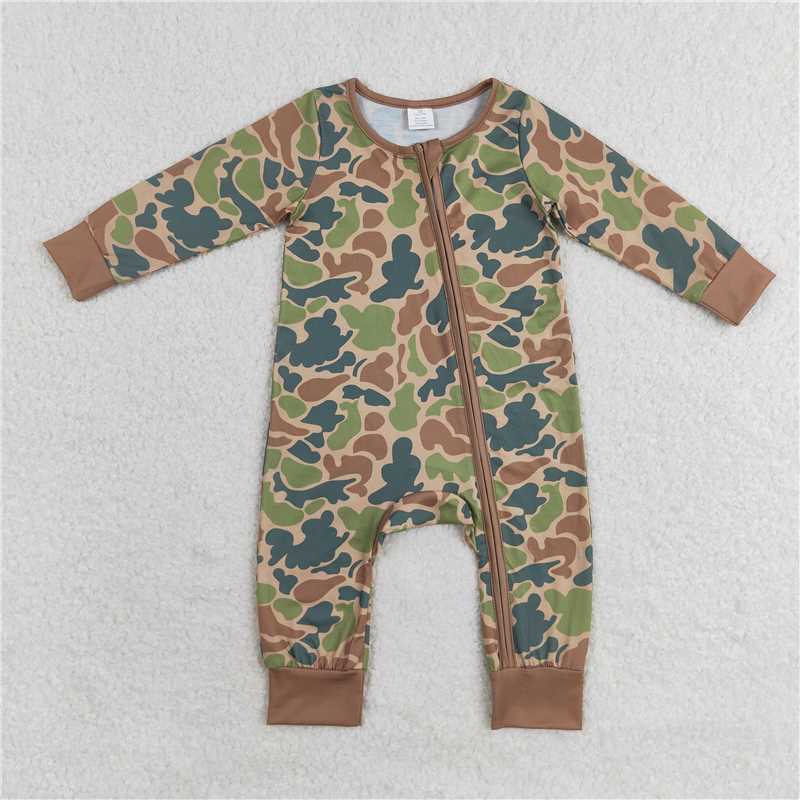 LR1203 Modal brown green camouflage zipper long sleeve jumpsuit