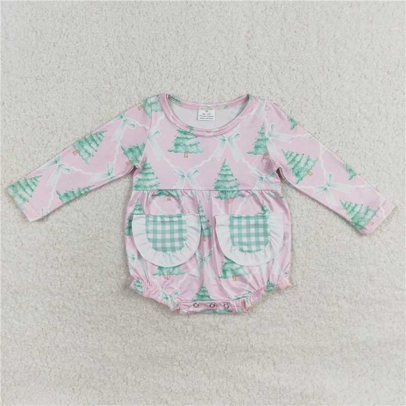 LR1018 Christmas tree bow green plaid pocket lace pink long-sleeved jumpsuit