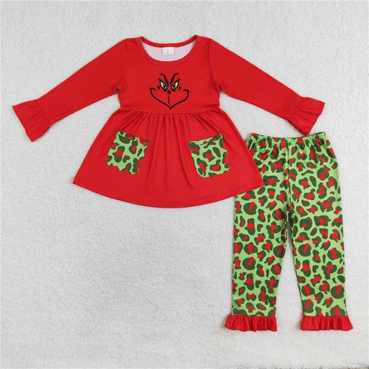 GLP1322 grinch red lace pocket red and green leopard print long sleeve trousers suit