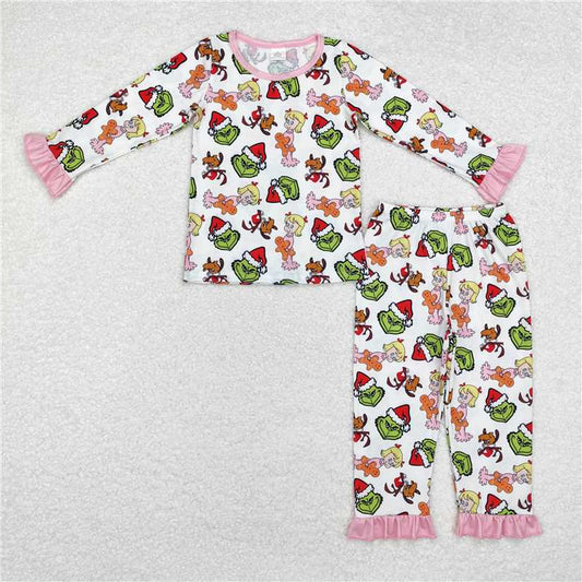 GLP1477 grinch modal girl gingerbread man pink lace white long-sleeved long pants pajamas set