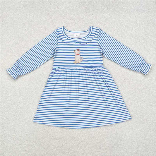 GLD0701 Embroidered puppy stripes doll collar blue and white long-sleeved dress