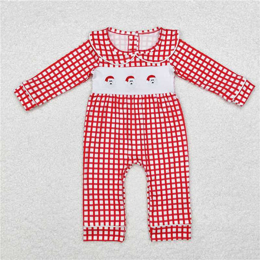 LR1263 Embroidered Santa Claus red plaid doll collar long-sleeved jumpsuit