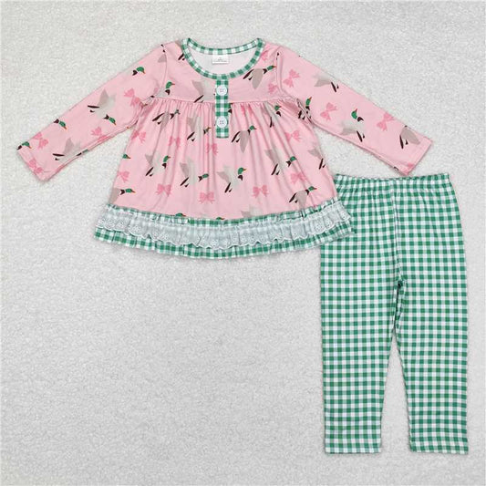 GLP1753 Duck bow pattern green plaid lace pink long-sleeved trousers suit